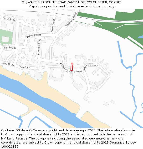 21, WALTER RADCLIFFE ROAD, WIVENHOE, COLCHESTER, CO7 9FF: Location map and indicative extent of plot