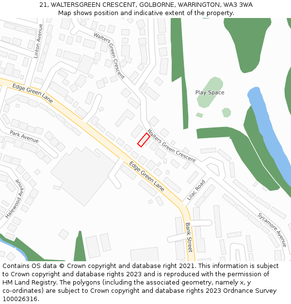 21, WALTERSGREEN CRESCENT, GOLBORNE, WARRINGTON, WA3 3WA: Location map and indicative extent of plot