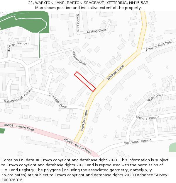 21, WARKTON LANE, BARTON SEAGRAVE, KETTERING, NN15 5AB: Location map and indicative extent of plot