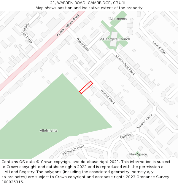 21, WARREN ROAD, CAMBRIDGE, CB4 1LL: Location map and indicative extent of plot