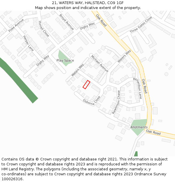 21, WATERS WAY, HALSTEAD, CO9 1GF: Location map and indicative extent of plot