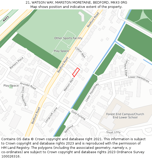 21, WATSON WAY, MARSTON MORETAINE, BEDFORD, MK43 0RG: Location map and indicative extent of plot