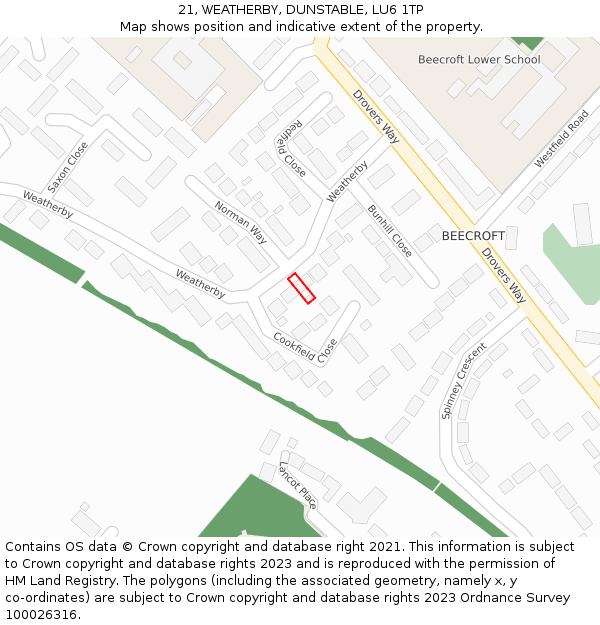 21, WEATHERBY, DUNSTABLE, LU6 1TP: Location map and indicative extent of plot
