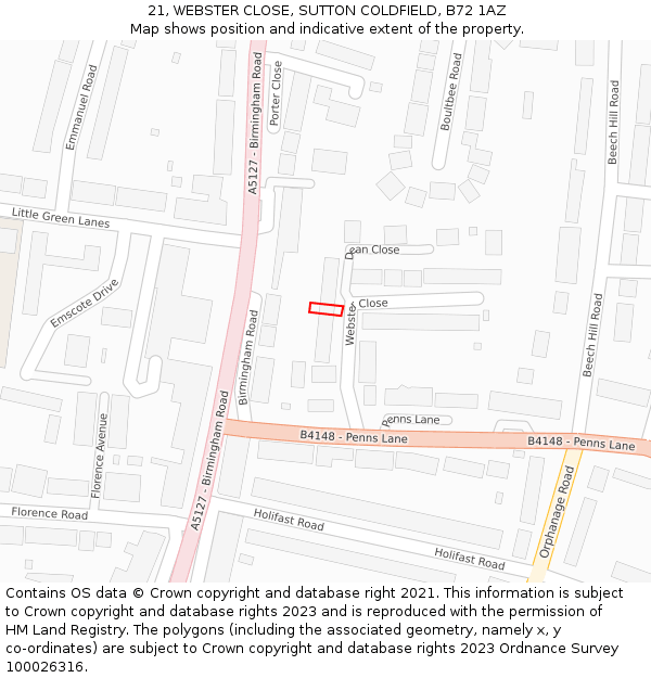 21, WEBSTER CLOSE, SUTTON COLDFIELD, B72 1AZ: Location map and indicative extent of plot