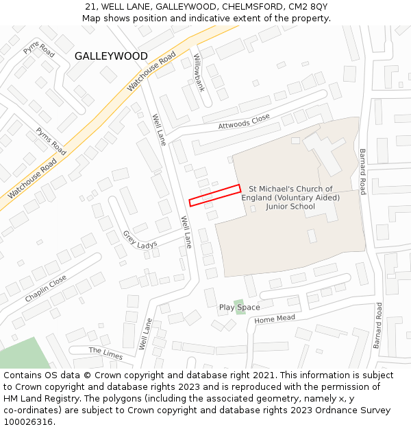 21, WELL LANE, GALLEYWOOD, CHELMSFORD, CM2 8QY: Location map and indicative extent of plot