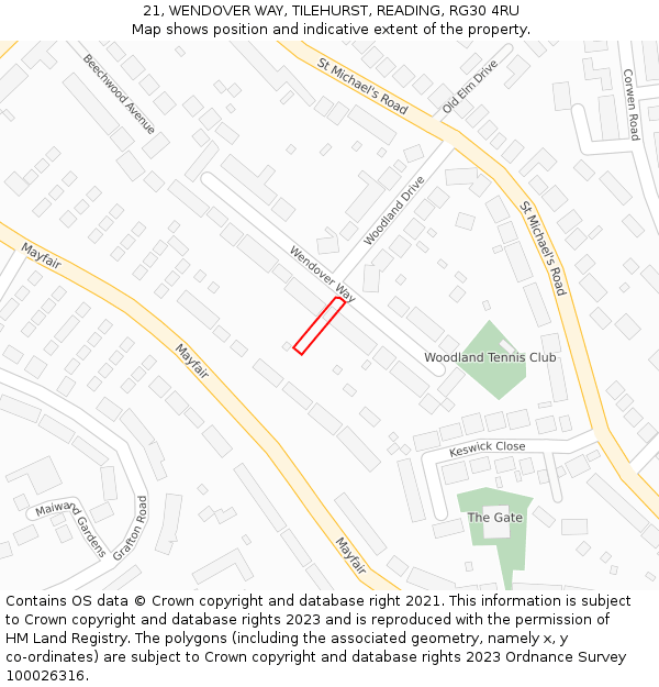 21, WENDOVER WAY, TILEHURST, READING, RG30 4RU: Location map and indicative extent of plot