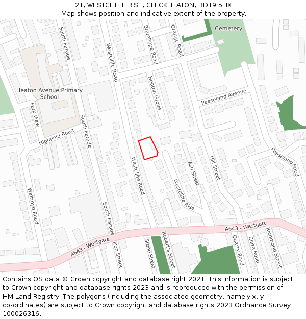 21, WESTCLIFFE RISE, CLECKHEATON, BD19 5HX: Location map and indicative extent of plot