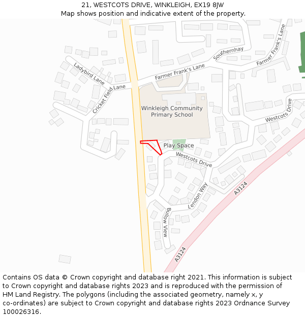 21, WESTCOTS DRIVE, WINKLEIGH, EX19 8JW: Location map and indicative extent of plot