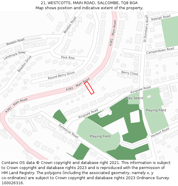 21, WESTCOTTS, MAIN ROAD, SALCOMBE, TQ8 8GA: Location map and indicative extent of plot