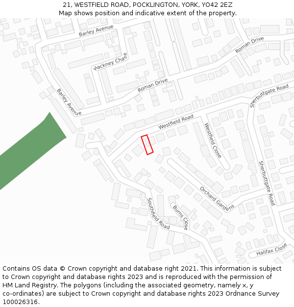 21, WESTFIELD ROAD, POCKLINGTON, YORK, YO42 2EZ: Location map and indicative extent of plot