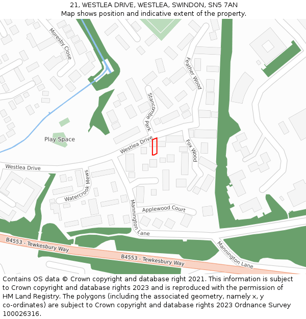 21, WESTLEA DRIVE, WESTLEA, SWINDON, SN5 7AN: Location map and indicative extent of plot