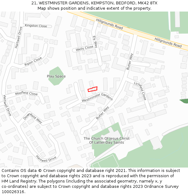 21, WESTMINSTER GARDENS, KEMPSTON, BEDFORD, MK42 8TX: Location map and indicative extent of plot