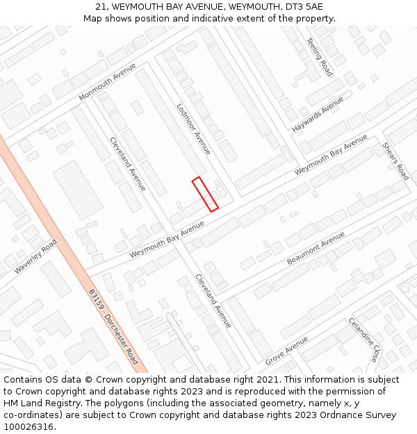 21, WEYMOUTH BAY AVENUE, WEYMOUTH, DT3 5AE: Location map and indicative extent of plot