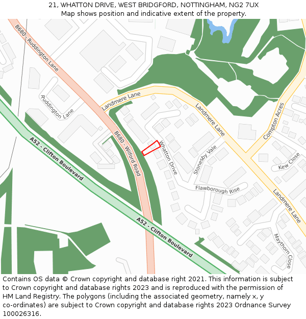 21, WHATTON DRIVE, WEST BRIDGFORD, NOTTINGHAM, NG2 7UX: Location map and indicative extent of plot