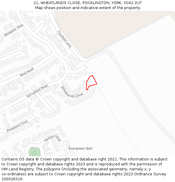 21, WHEATLANDS CLOSE, POCKLINGTON, YORK, YO42 2UT: Location map and indicative extent of plot