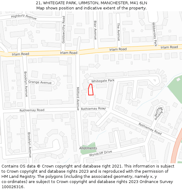 21, WHITEGATE PARK, URMSTON, MANCHESTER, M41 6LN: Location map and indicative extent of plot