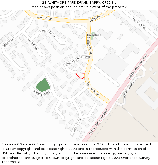 21, WHITMORE PARK DRIVE, BARRY, CF62 8JL: Location map and indicative extent of plot