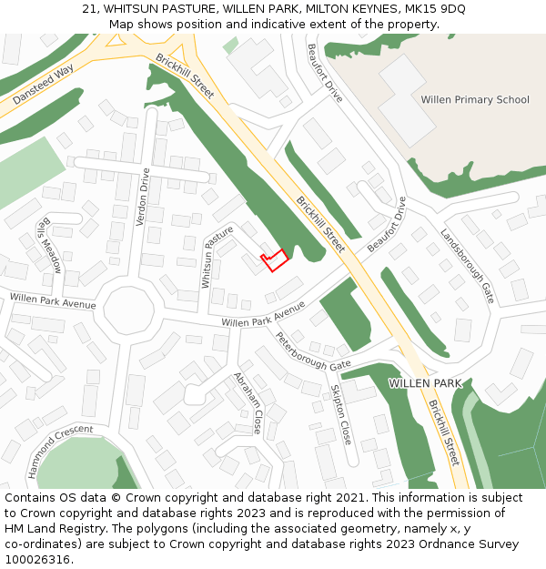 21, WHITSUN PASTURE, WILLEN PARK, MILTON KEYNES, MK15 9DQ: Location map and indicative extent of plot