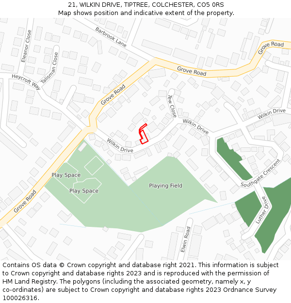 21, WILKIN DRIVE, TIPTREE, COLCHESTER, CO5 0RS: Location map and indicative extent of plot