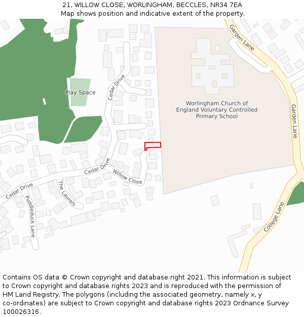 21, WILLOW CLOSE, WORLINGHAM, BECCLES, NR34 7EA: Location map and indicative extent of plot