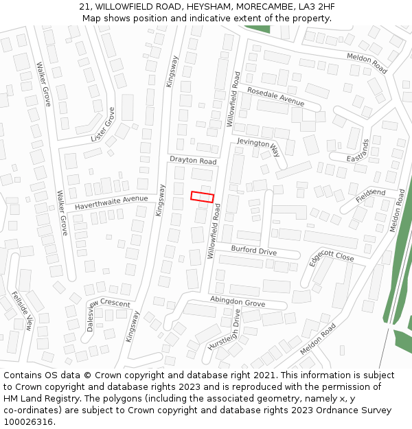 21, WILLOWFIELD ROAD, HEYSHAM, MORECAMBE, LA3 2HF: Location map and indicative extent of plot