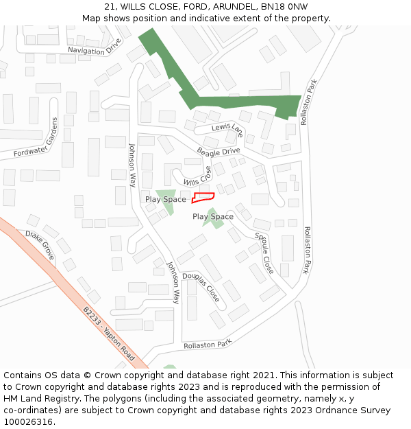 21, WILLS CLOSE, FORD, ARUNDEL, BN18 0NW: Location map and indicative extent of plot