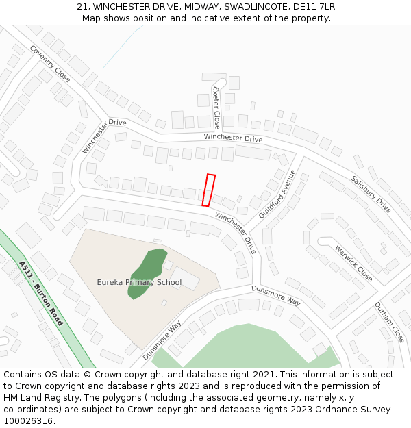 21, WINCHESTER DRIVE, MIDWAY, SWADLINCOTE, DE11 7LR: Location map and indicative extent of plot