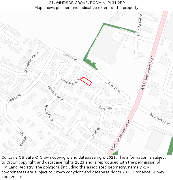 21, WINDSOR GROVE, BODMIN, PL31 2BP: Location map and indicative extent of plot