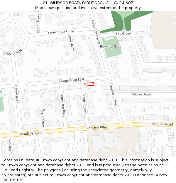 21, WINDSOR ROAD, FARNBOROUGH, GU14 6QZ: Location map and indicative extent of plot