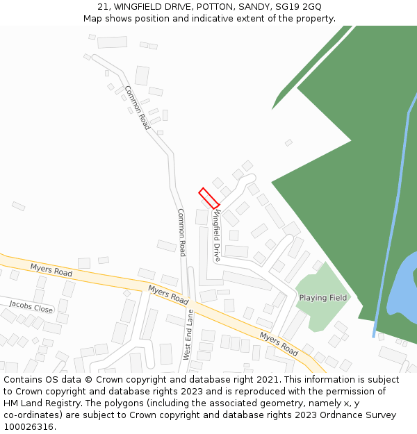 21, WINGFIELD DRIVE, POTTON, SANDY, SG19 2GQ: Location map and indicative extent of plot