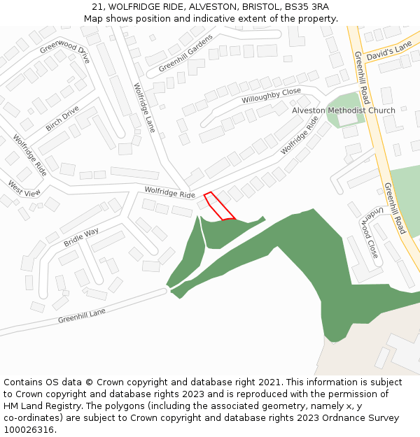 21, WOLFRIDGE RIDE, ALVESTON, BRISTOL, BS35 3RA: Location map and indicative extent of plot