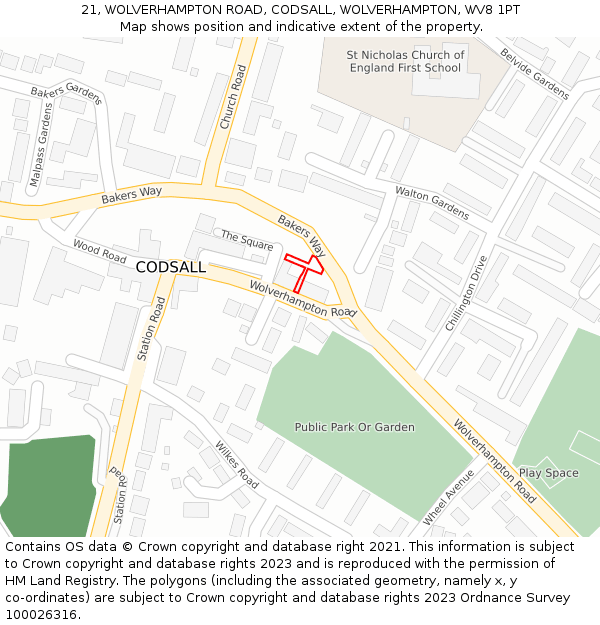 21, WOLVERHAMPTON ROAD, CODSALL, WOLVERHAMPTON, WV8 1PT: Location map and indicative extent of plot