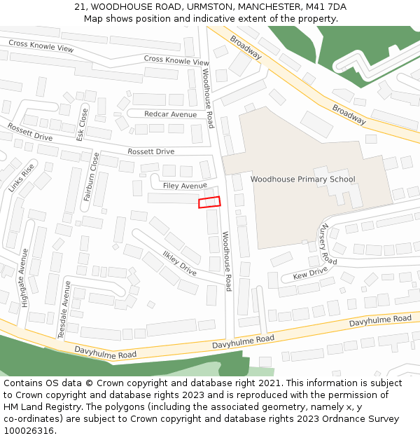 21, WOODHOUSE ROAD, URMSTON, MANCHESTER, M41 7DA: Location map and indicative extent of plot