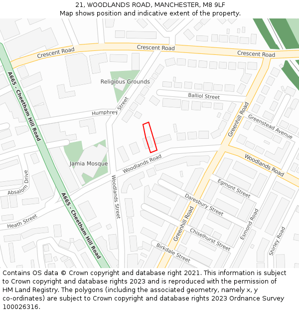 21, WOODLANDS ROAD, MANCHESTER, M8 9LF: Location map and indicative extent of plot