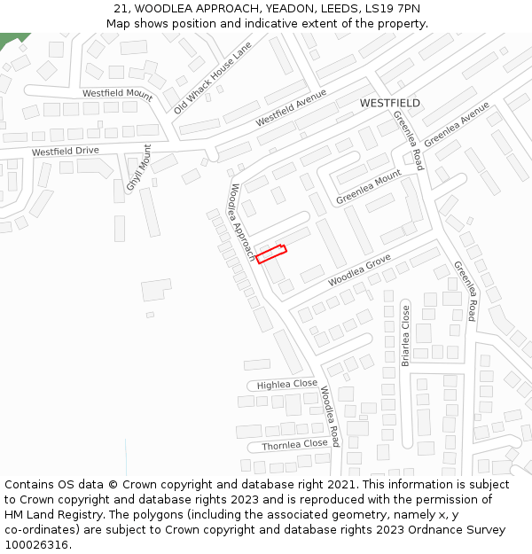 21, WOODLEA APPROACH, YEADON, LEEDS, LS19 7PN: Location map and indicative extent of plot