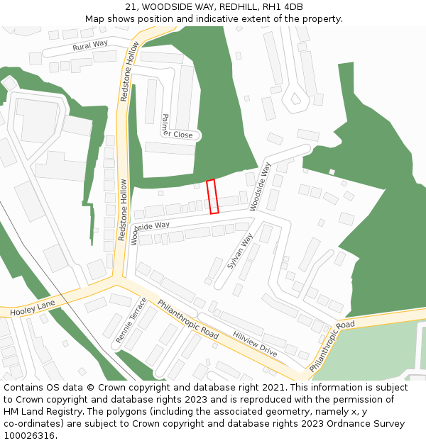 21, WOODSIDE WAY, REDHILL, RH1 4DB: Location map and indicative extent of plot