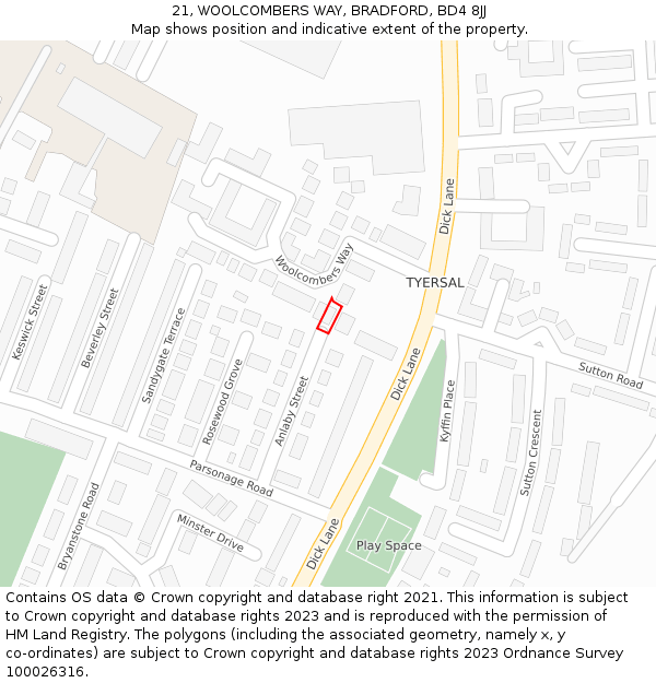 21, WOOLCOMBERS WAY, BRADFORD, BD4 8JJ: Location map and indicative extent of plot