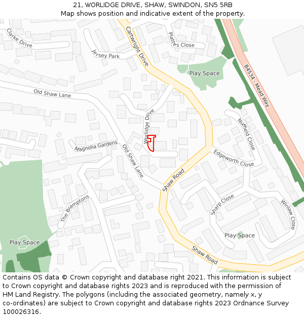 21, WORLIDGE DRIVE, SHAW, SWINDON, SN5 5RB: Location map and indicative extent of plot