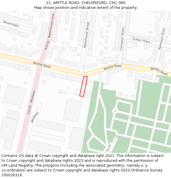 21, WRITTLE ROAD, CHELMSFORD, CM1 3BS: Location map and indicative extent of plot