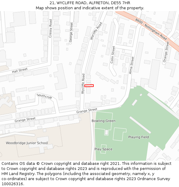 21, WYCLIFFE ROAD, ALFRETON, DE55 7HR: Location map and indicative extent of plot