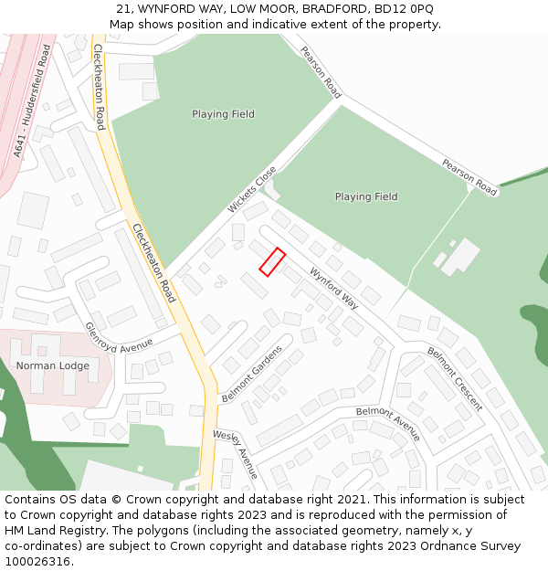 21, WYNFORD WAY, LOW MOOR, BRADFORD, BD12 0PQ: Location map and indicative extent of plot