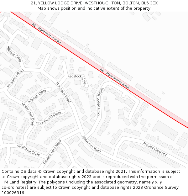 21, YELLOW LODGE DRIVE, WESTHOUGHTON, BOLTON, BL5 3EX: Location map and indicative extent of plot