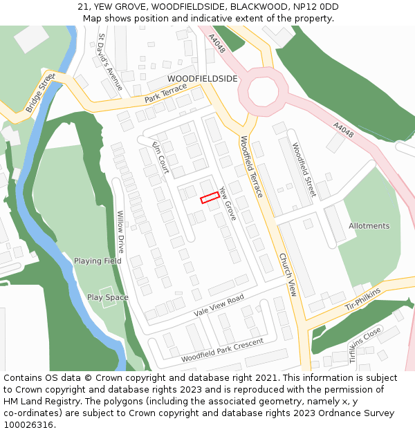 21, YEW GROVE, WOODFIELDSIDE, BLACKWOOD, NP12 0DD: Location map and indicative extent of plot