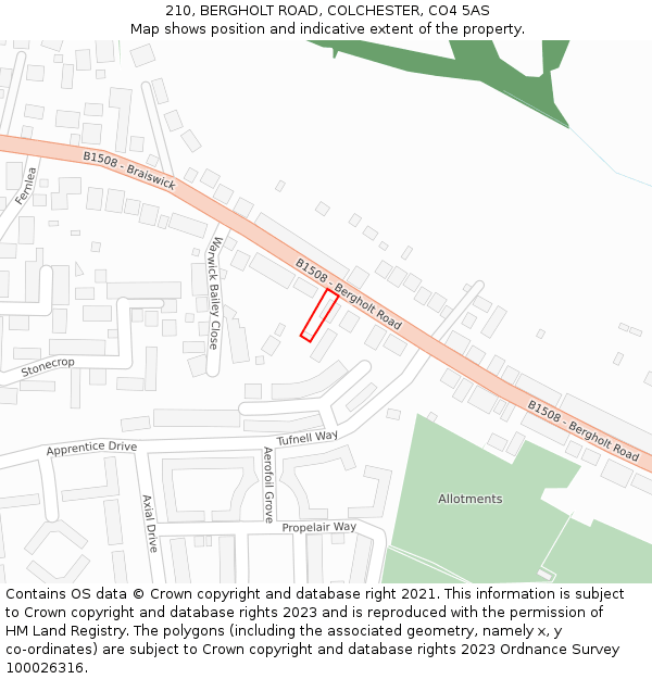 210, BERGHOLT ROAD, COLCHESTER, CO4 5AS: Location map and indicative extent of plot