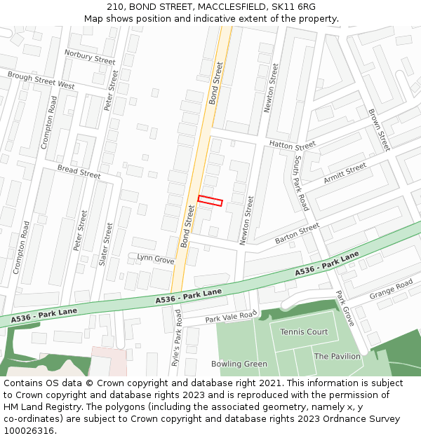 210, BOND STREET, MACCLESFIELD, SK11 6RG: Location map and indicative extent of plot