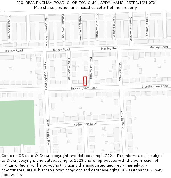 210, BRANTINGHAM ROAD, CHORLTON CUM HARDY, MANCHESTER, M21 0TX: Location map and indicative extent of plot