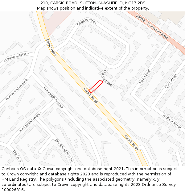 210, CARSIC ROAD, SUTTON-IN-ASHFIELD, NG17 2BS: Location map and indicative extent of plot