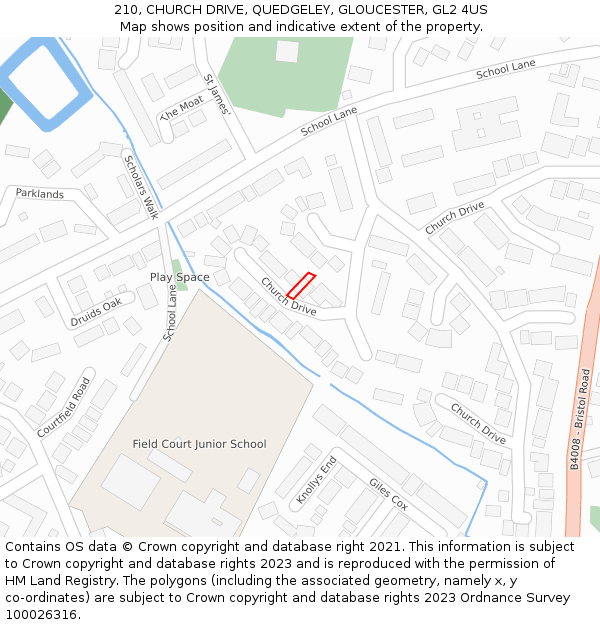 210, CHURCH DRIVE, QUEDGELEY, GLOUCESTER, GL2 4US: Location map and indicative extent of plot