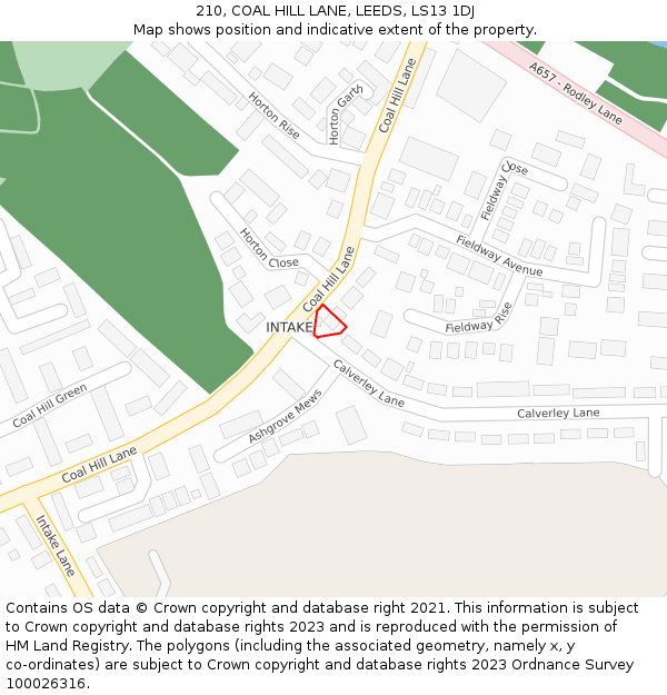 210, COAL HILL LANE, LEEDS, LS13 1DJ: Location map and indicative extent of plot