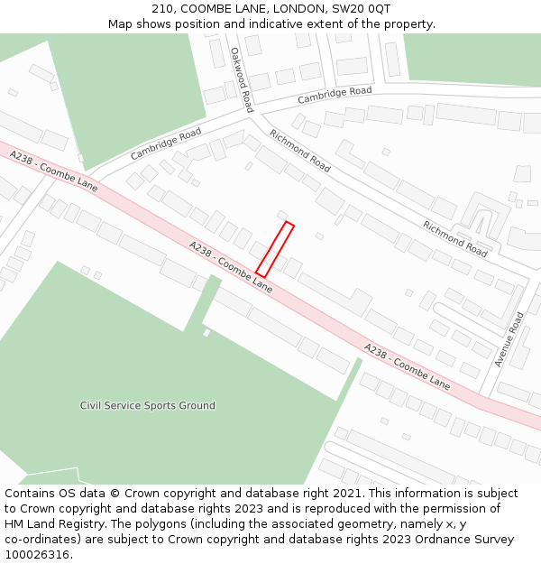 210, COOMBE LANE, LONDON, SW20 0QT: Location map and indicative extent of plot